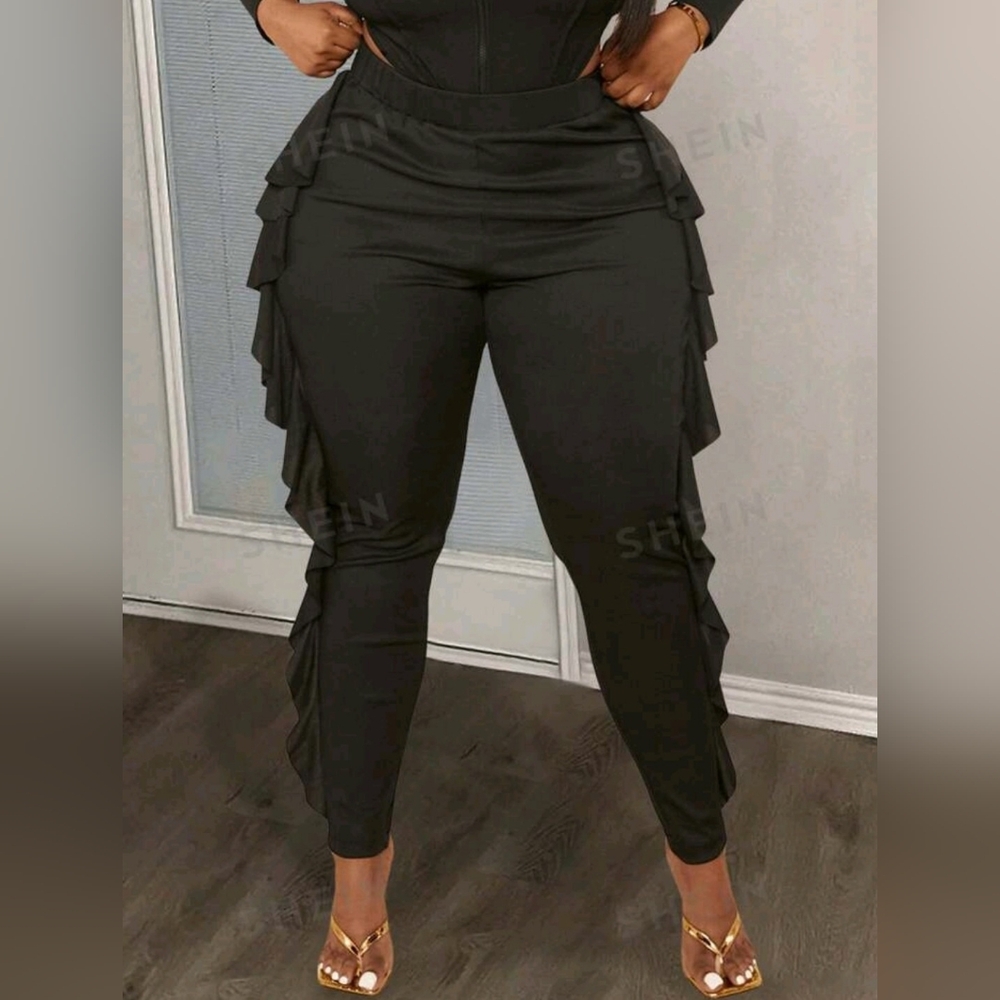 SHEIN Black Ruffle Side Detail High Waist Pants